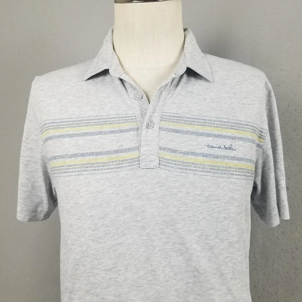 TravisMathew Polo Shirt Mens Medium Gray Chest Stripe Golf Casual Performance